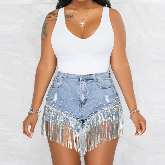 Women Denim Shorts Rhinestone Pearl Beaded Fringe High Waisted Summer Casual - Picture 3 of 6